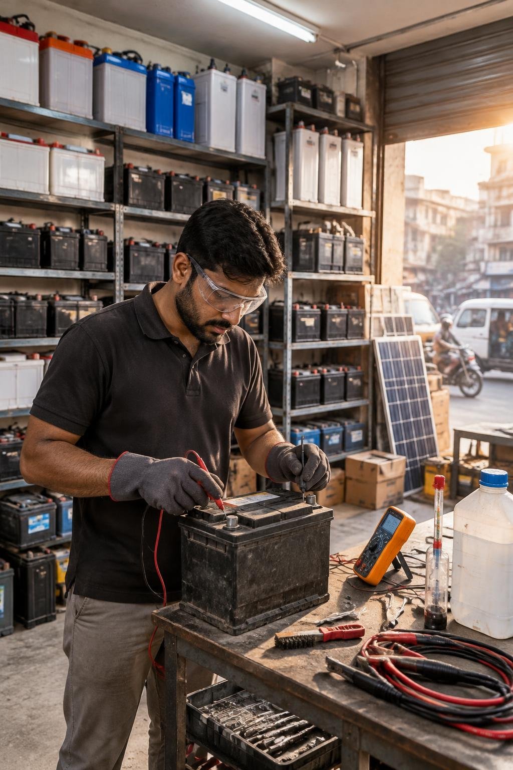 Shop technician testing a car battery with a multimeter inside a Karachi battery shop stocked with automotive, UPS and solar batteries