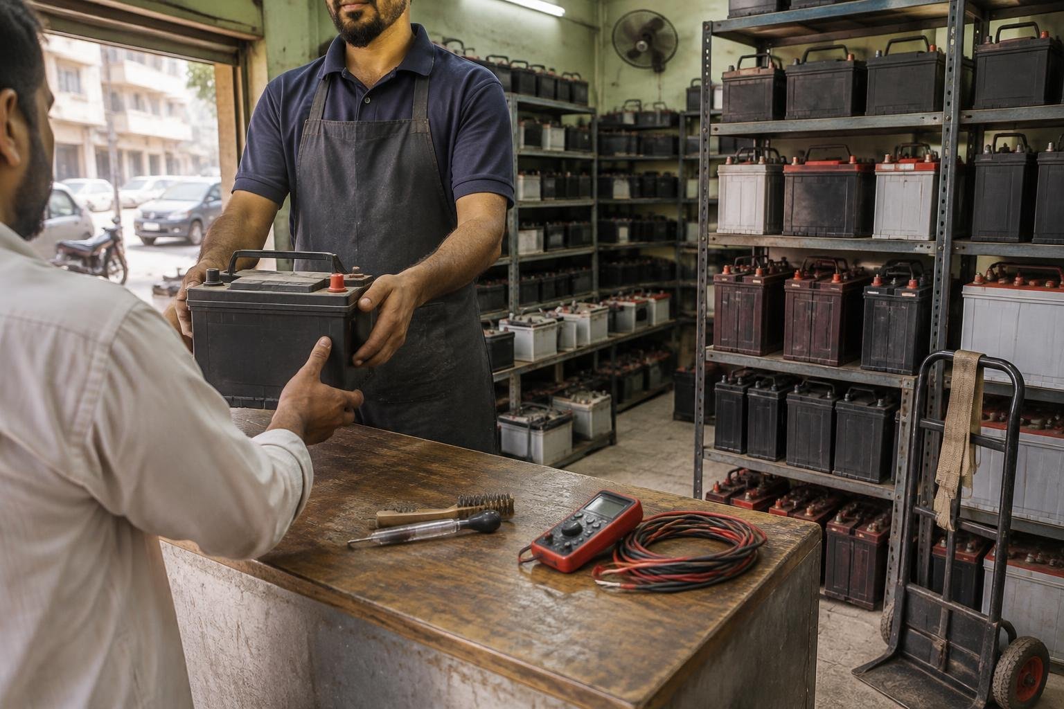 Shelves of automotive, UPS and solar batteries inside a Karachi battery shop, with a shopkeeper handing a battery across the counter