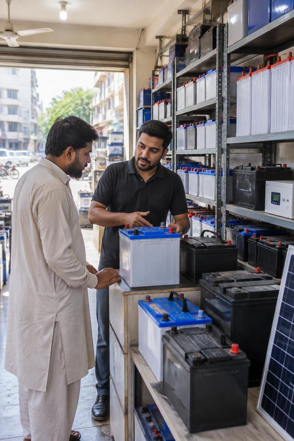 Well-stocked battery shop in Karachi displaying automotive and UPS batteries on steel shelves