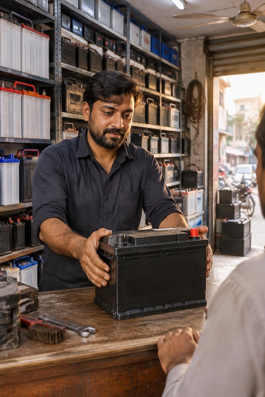 Shopkeeper lifting a new car battery onto the counter of a Karachi battery shop, shelves of batteries behind