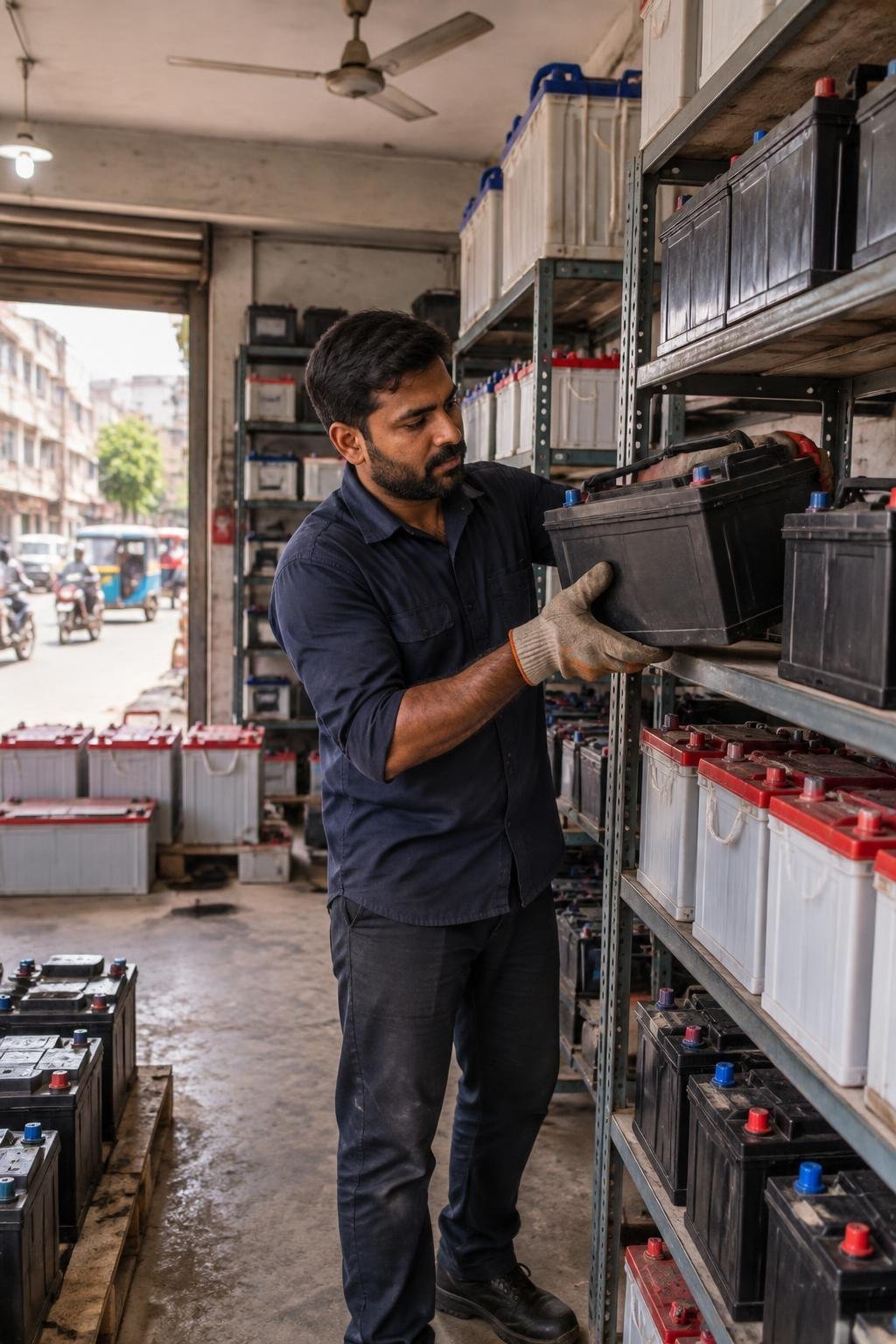 Technician taking a new automotive battery down from tall shelves at a Karachi battery shop
