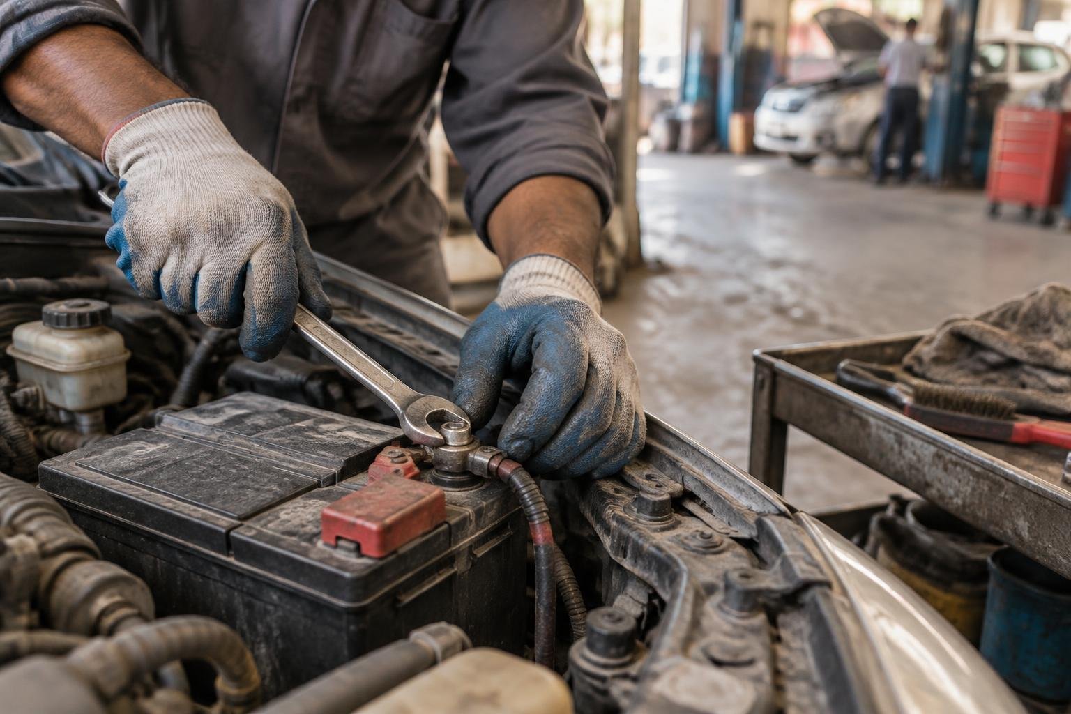 Close-up of hands tightening a car battery terminal with a wrench in a Karachi workshop