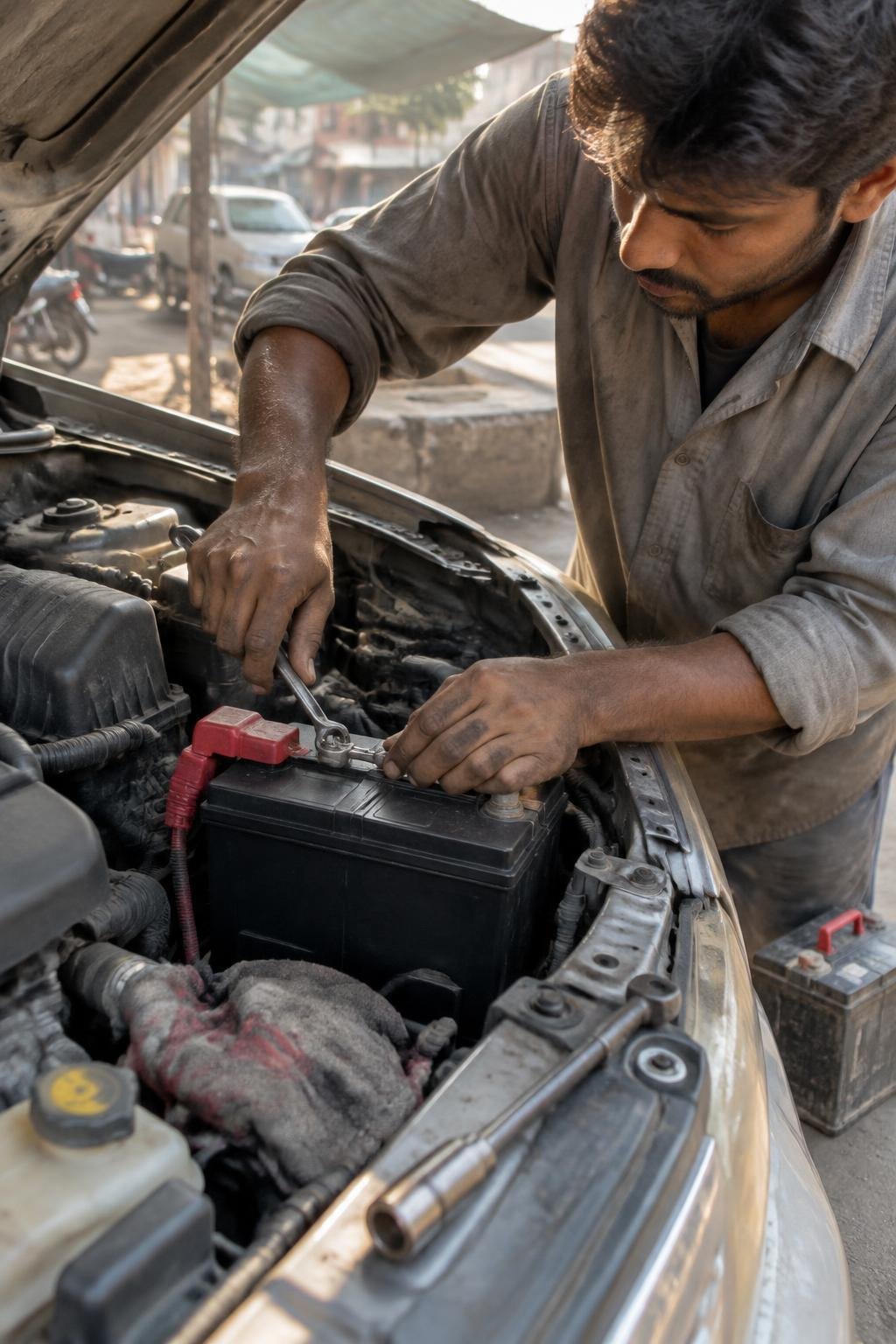 Technician's hands tightening a terminal clamp on a new car battery under an open bonnet