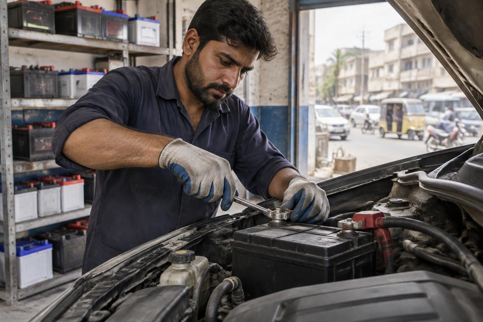Automotive technician connecting terminal cables to a new car battery in Karachi