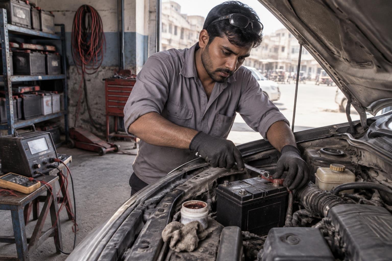 Technician tightening the terminal clamp of a newly fitted car battery under an open bonnet in a workshop