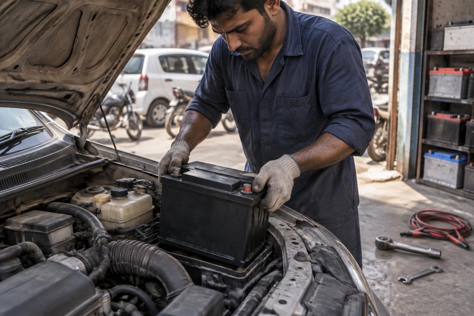 A new car battery being fitted into an engine bay with a socket wrench on the workshop floor
