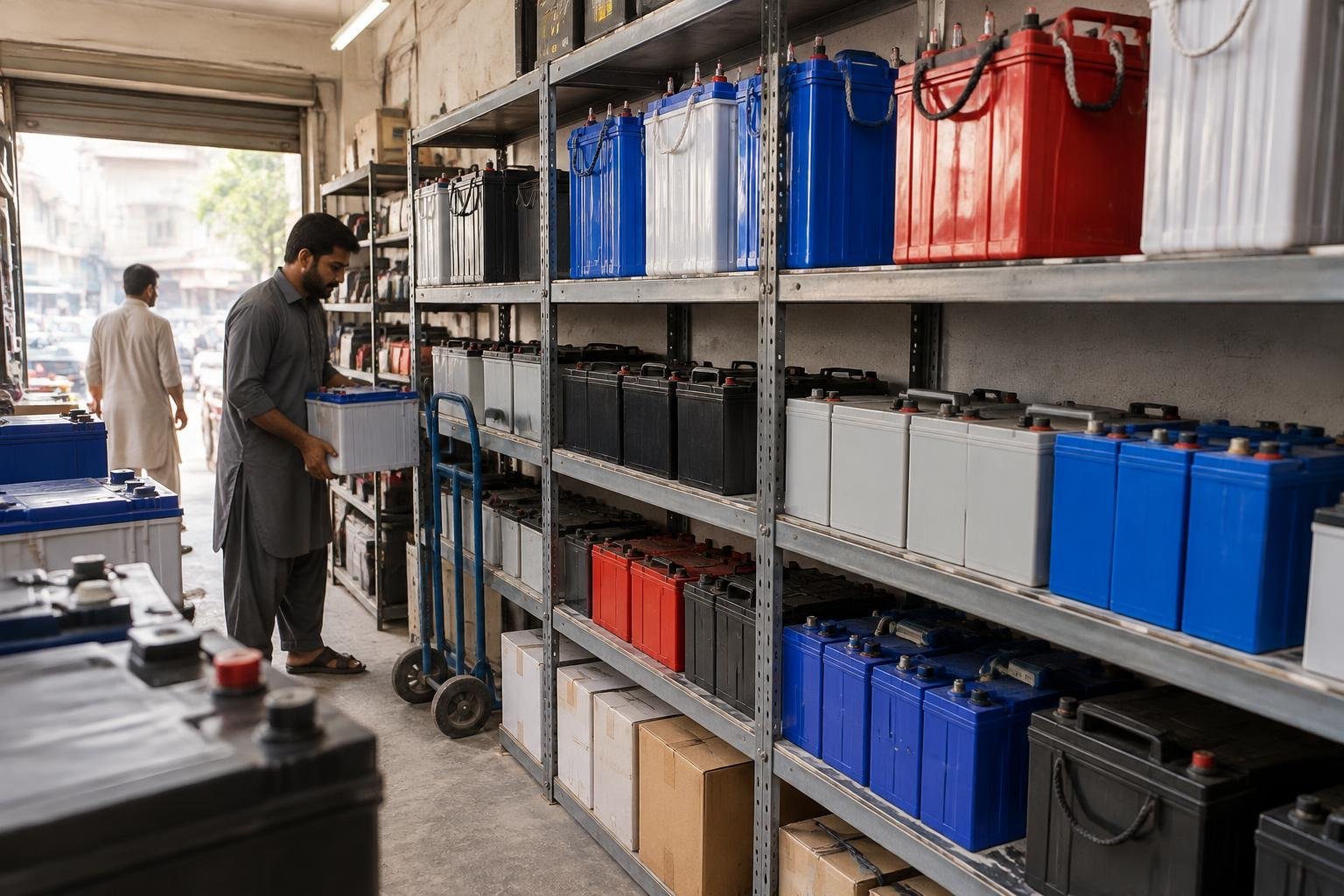 Rows of solar, deep-cycle, UPS and lithium batteries arranged on metal racks in a Karachi battery shop