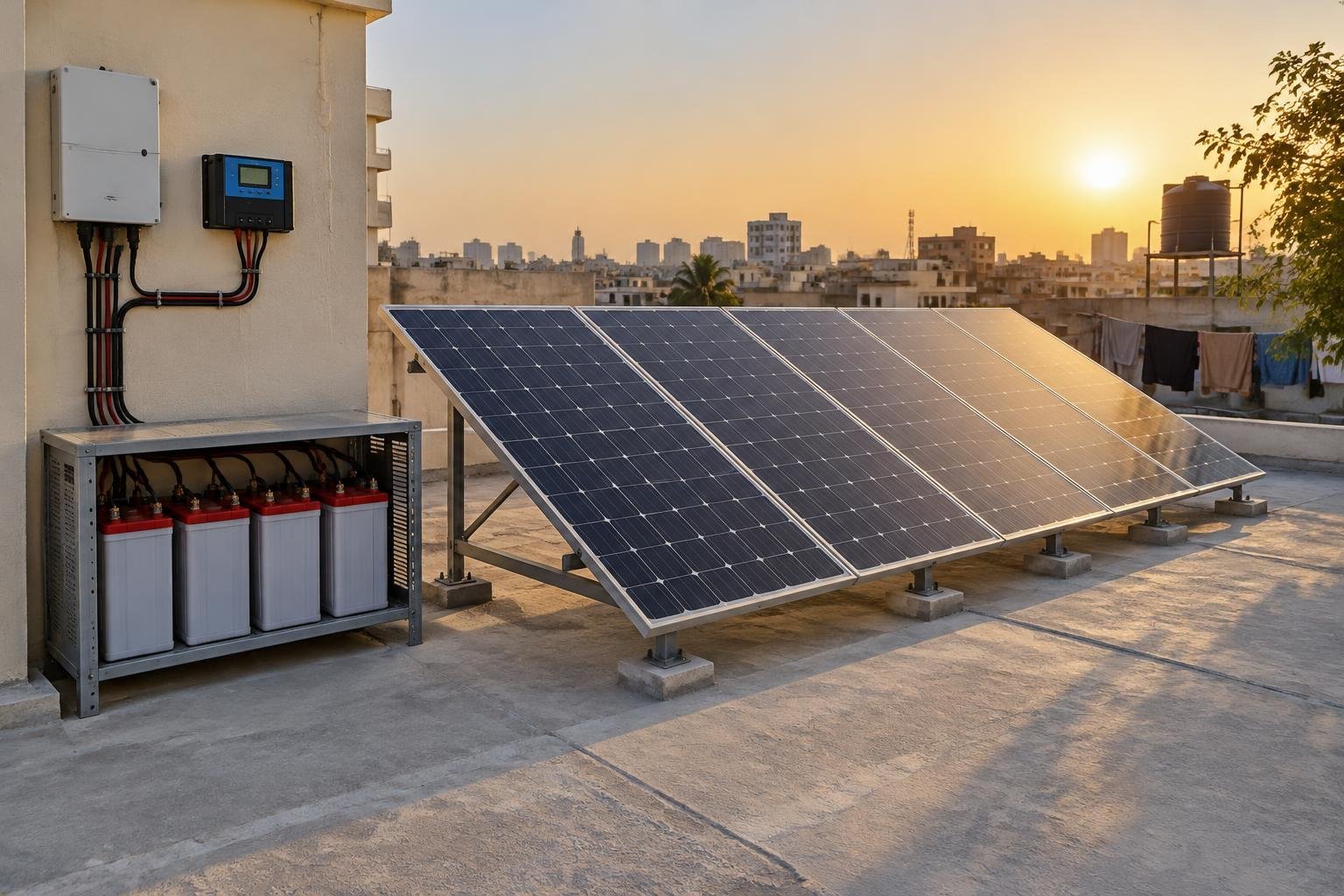 Rooftop solar panels on a Karachi house with a mounted battery bank and charge controller