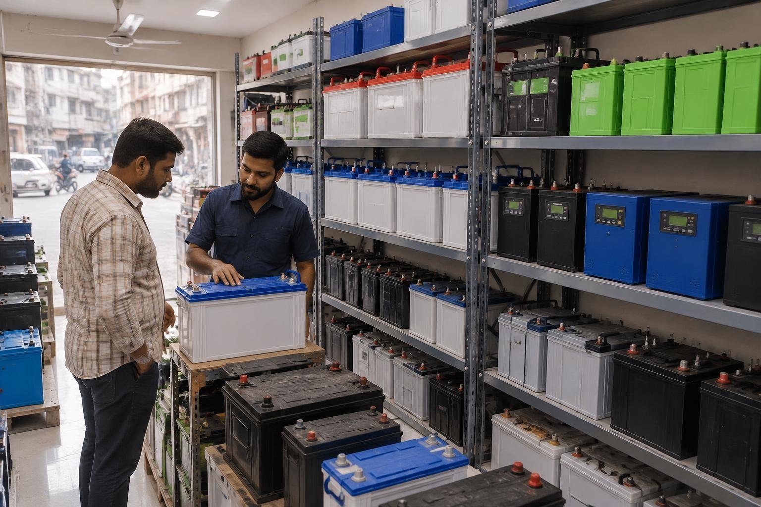 Clean retail display shelves filled with UPS, solar, and equipment batteries in a Karachi battery store