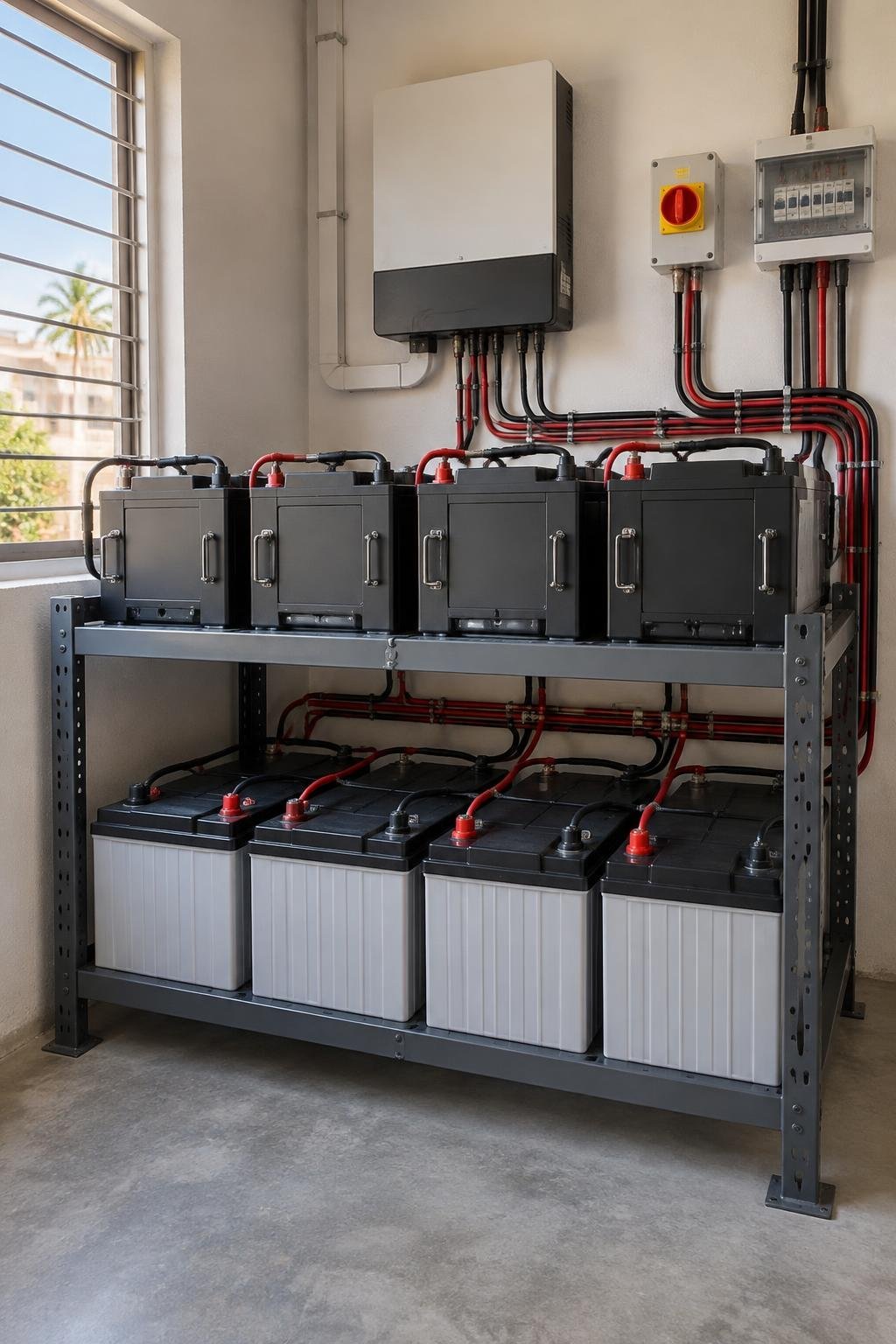 Deep cycle and lithium solar batteries in a wired rack inside a clean backup power installation room