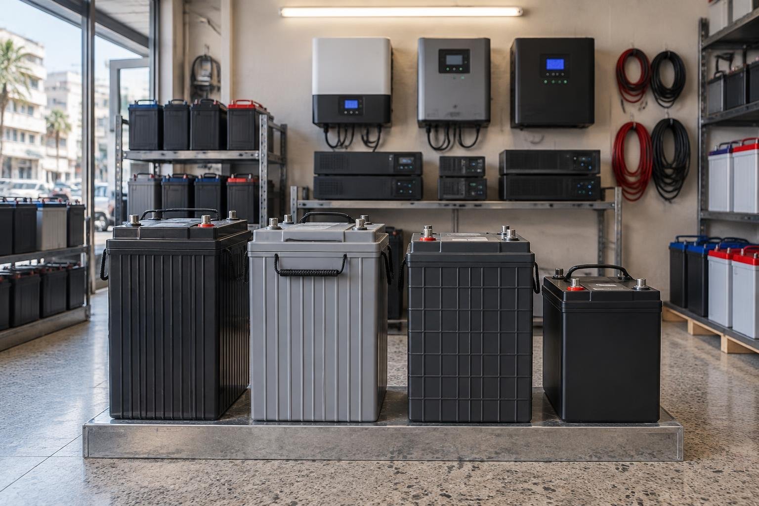 Deep cycle solar and UPS batteries displayed alongside inverter and UPS units in a shop