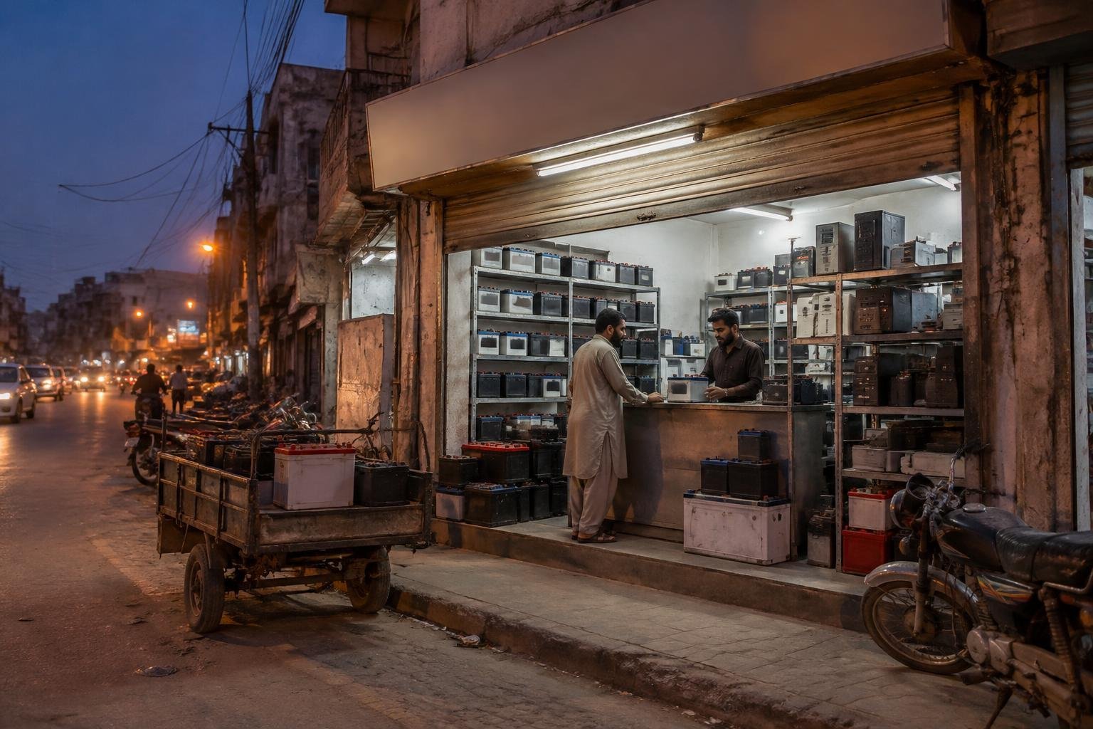 Battery shop exterior in Karachi at dusk with open shutter and shelves of batteries visible inside