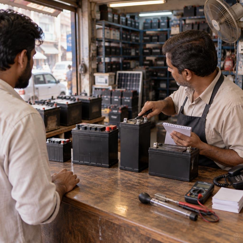 Battery shopkeeper at the counter pointing out a battery from a row of batteries while note-taking