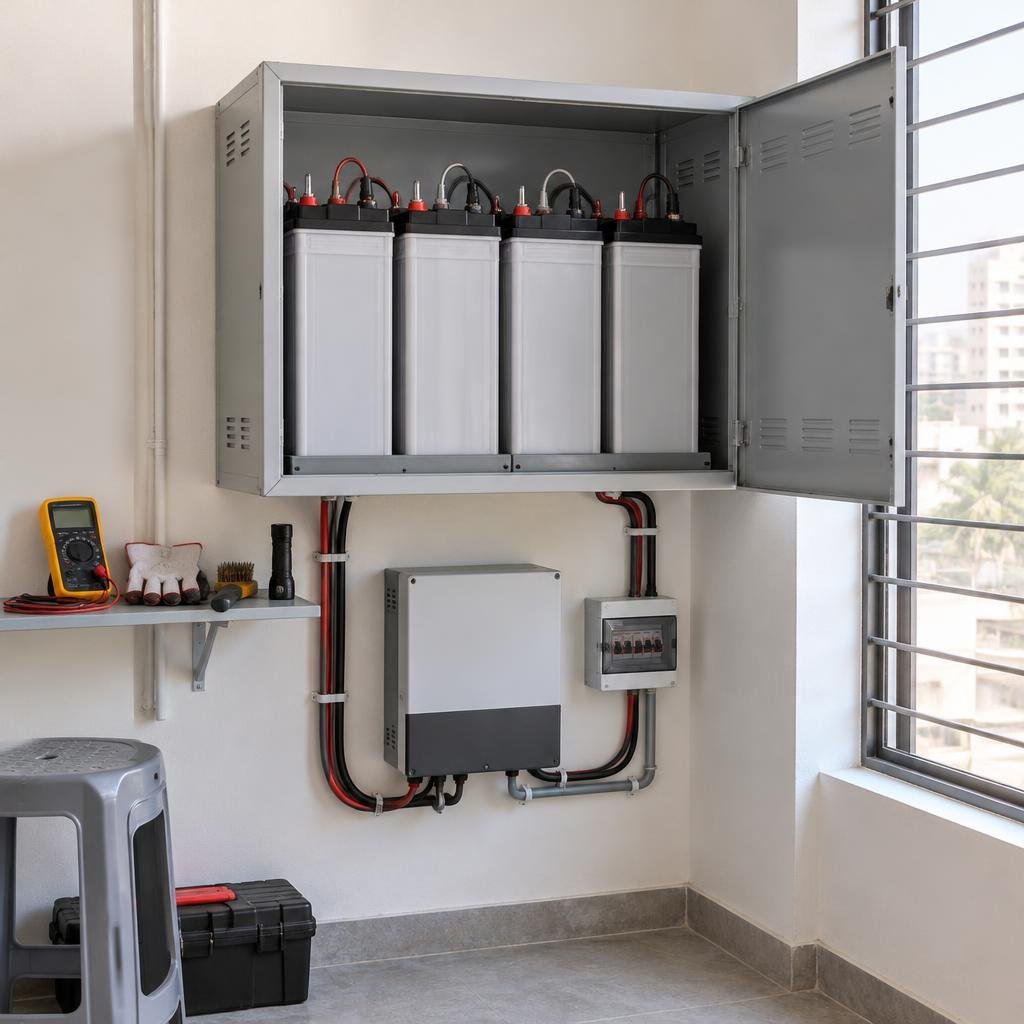 Wall-mounted UPS battery cabinet with tubular batteries and a multimeter on a shelf in a home backup room