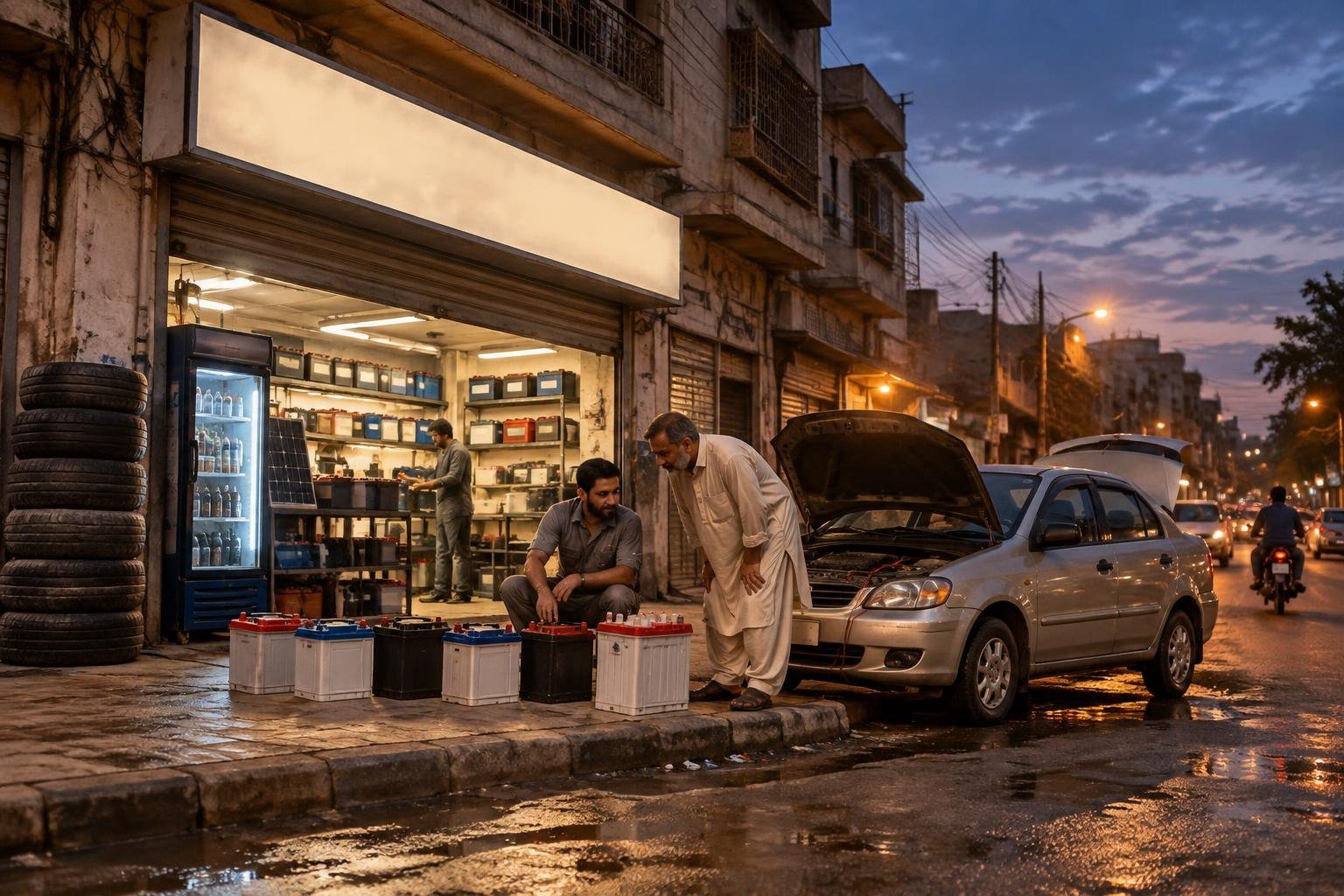 Karachi battery shop exterior at dusk with staff, a customer and new batteries on the pavement